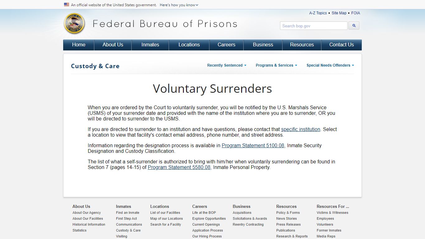 BOP: Voluntary Surrenders - Federal Bureau of Prisons